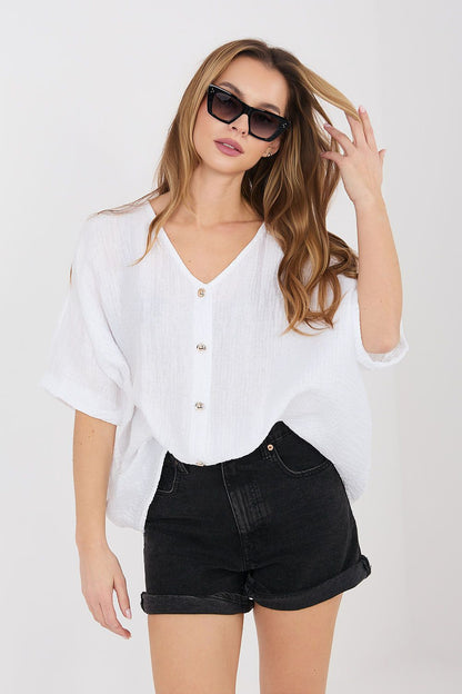 White short sleeve button-front V-neck shirt