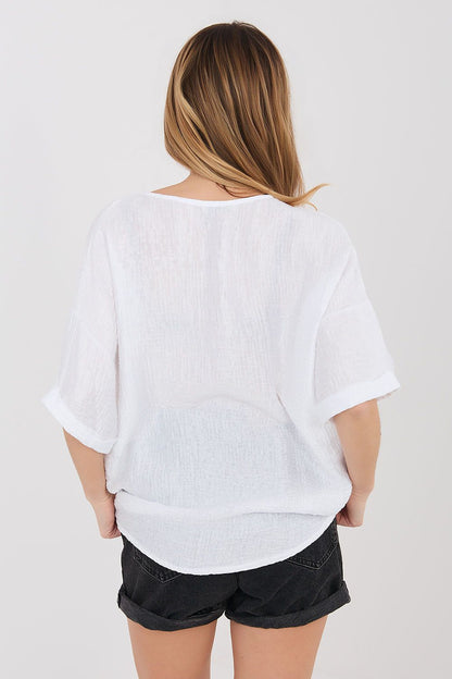 White short sleeve button-front shirt, back view