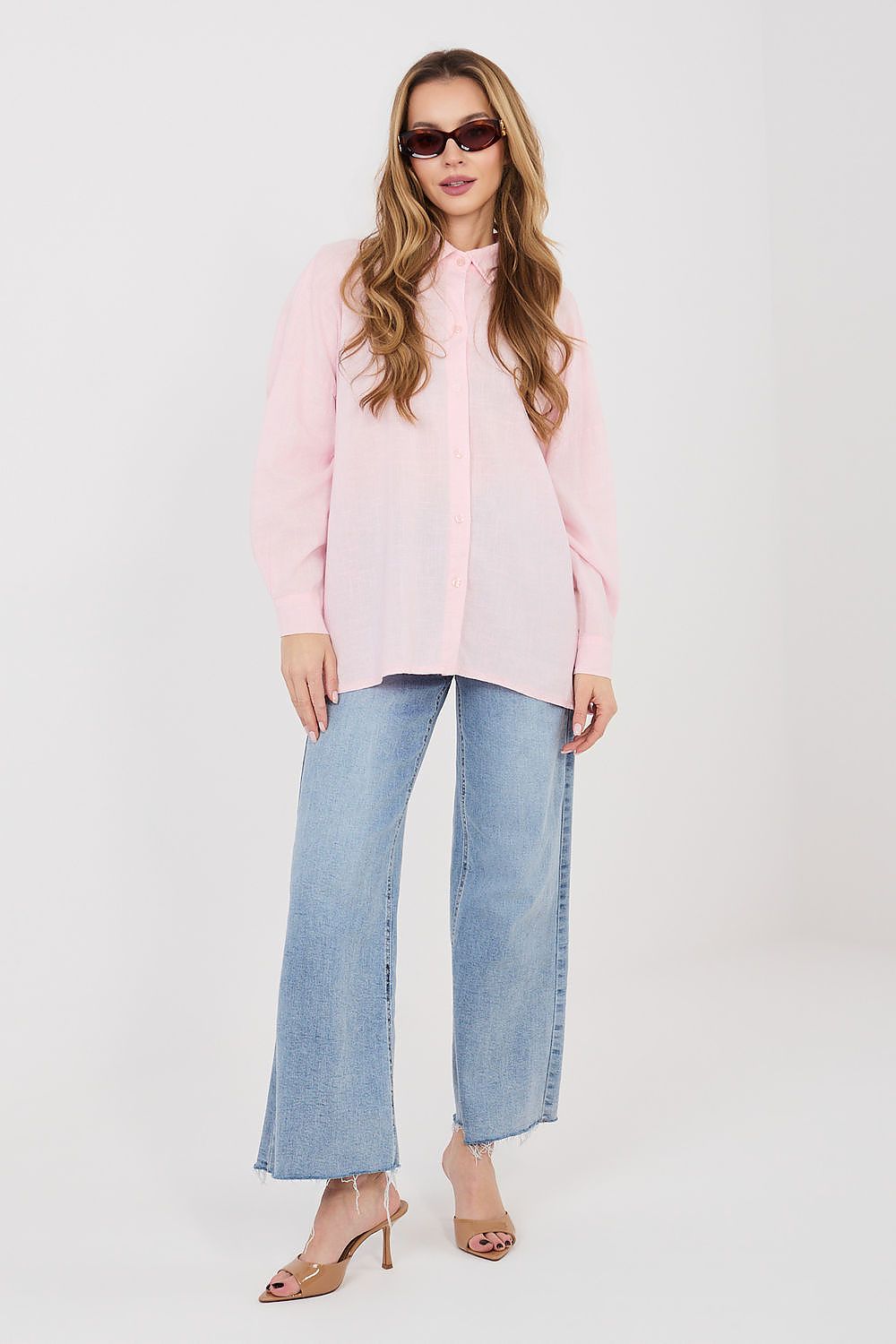 Pink long-sleeve button-front shirt with pointed collar and straight hem
