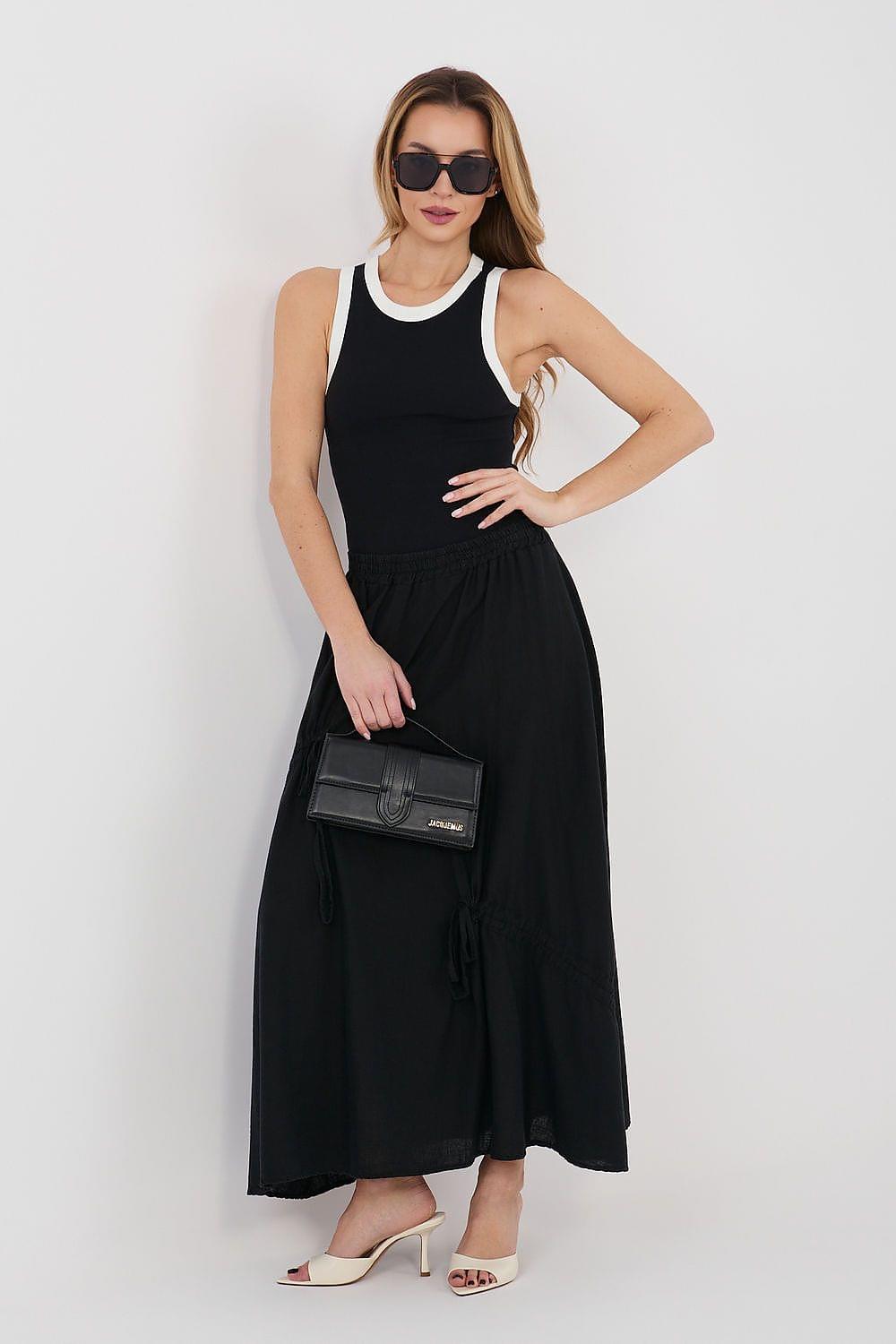 Black long skirt with gathered elastic waistband and draped pleats