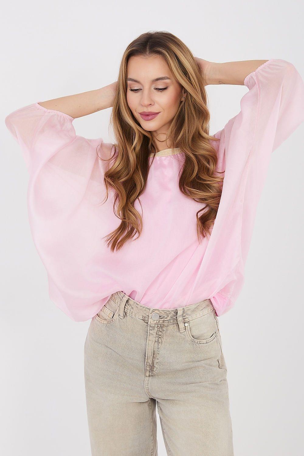 Pink blouse with long balloon sleeves and rounded neckline, lightweight loose drape