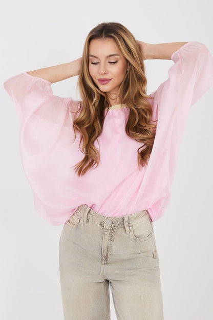 Pink blouse with long balloon sleeves and rounded neckline, lightweight loose drape