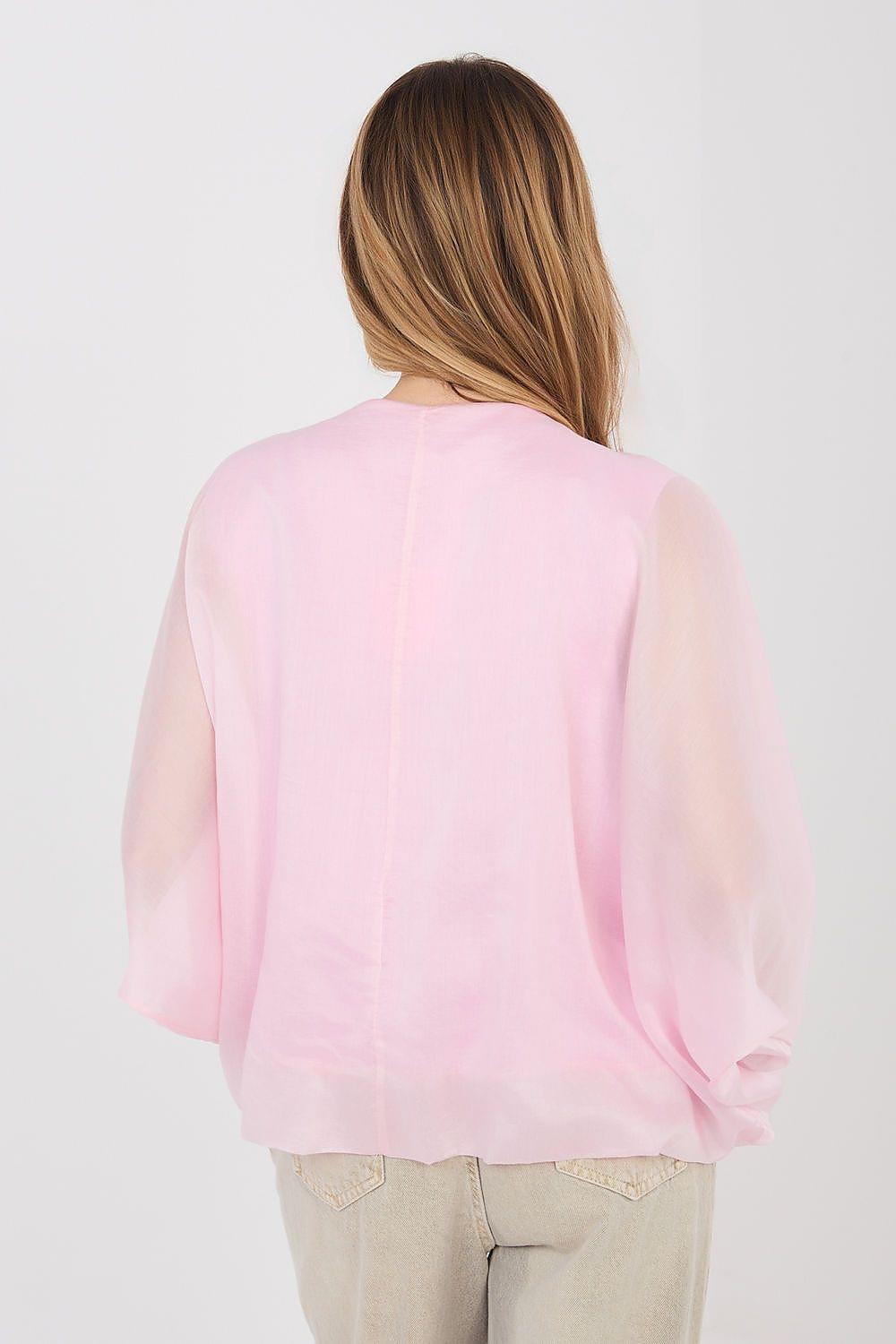 Pink long-sleeve blouse with loose fit and round neckline, back view