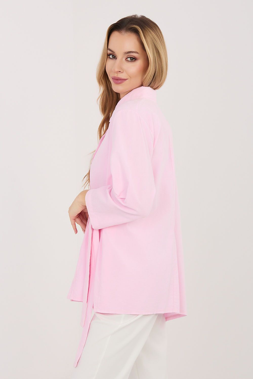 Pink long sleeve shirt with buttoned cuffs and side tie waist, Rue Paris