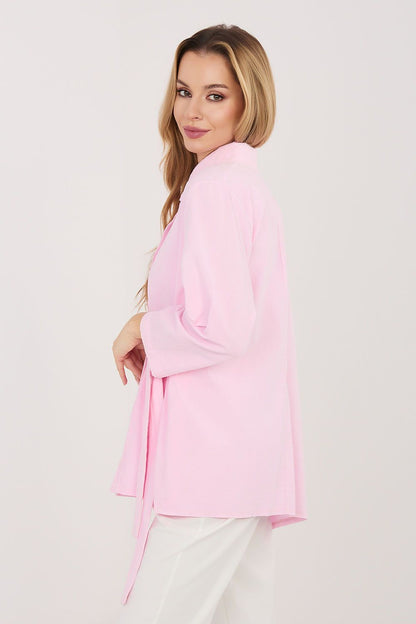 Pink long sleeve shirt with buttoned cuffs and side tie waist, Rue Paris
