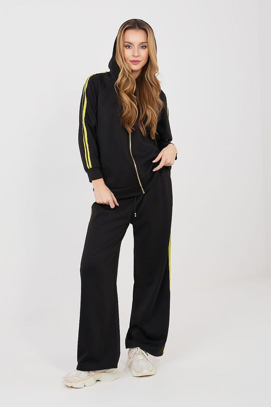 Black tracksuit set with zip hoodie and wide-leg joggers, neon yellow side stripes