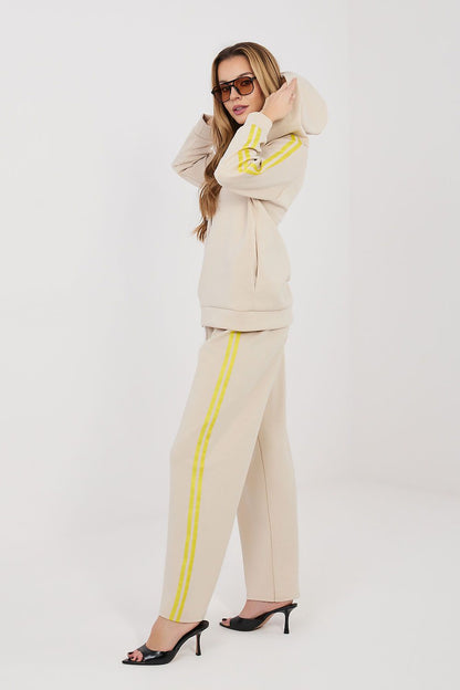 Beige zip hoodie and straight-leg pants set with yellow trim