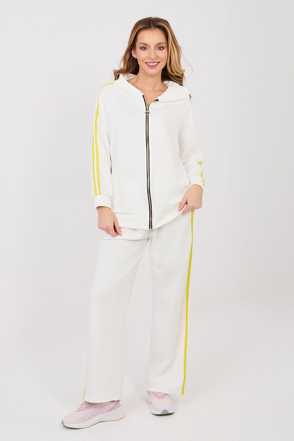 White tracksuit set with zip hoodie and yellow side stripes