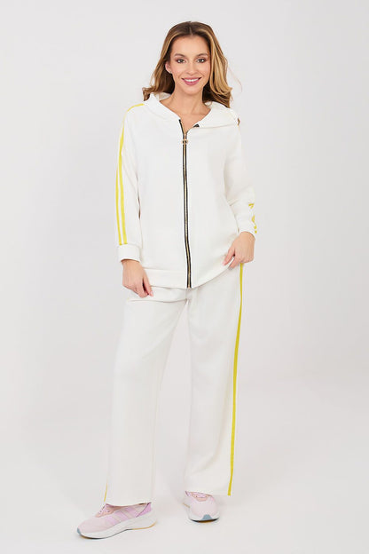 White tracksuit set with zip hoodie and yellow side stripes