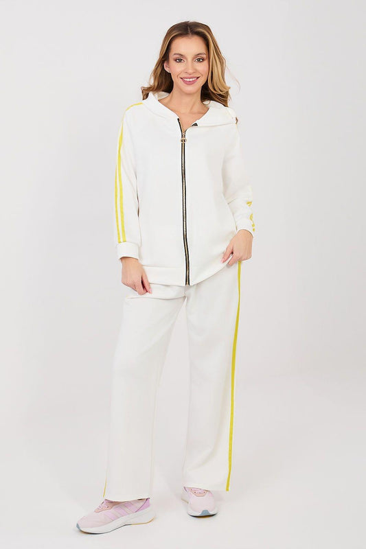 White zip-up hoodie and pants set with yellow side stripes