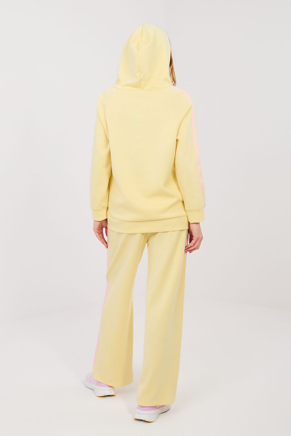 Yellow hoodie jacket and wide-leg pants set, hooded back view