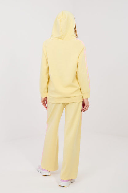Yellow hoodie jacket and wide-leg pants set, hooded back view
