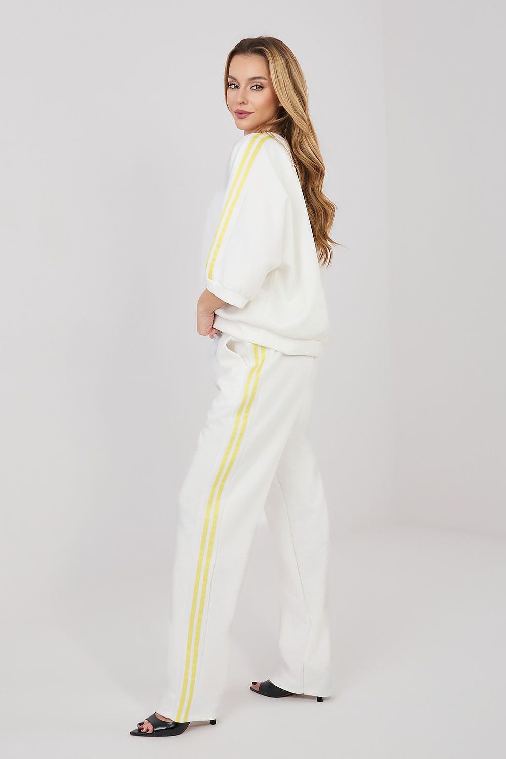 Cream lounge set with yellow stripe details, puff-sleeve top and wide pants