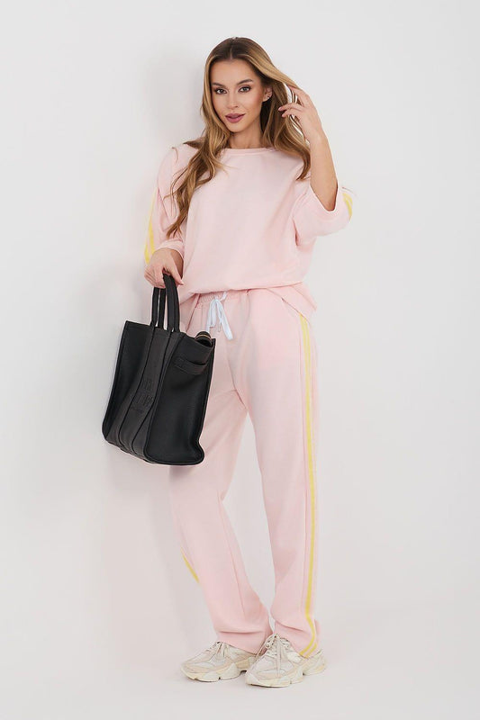 Pink sweatshirt and jogger pants set with yellow side piping and cuffed sleeves