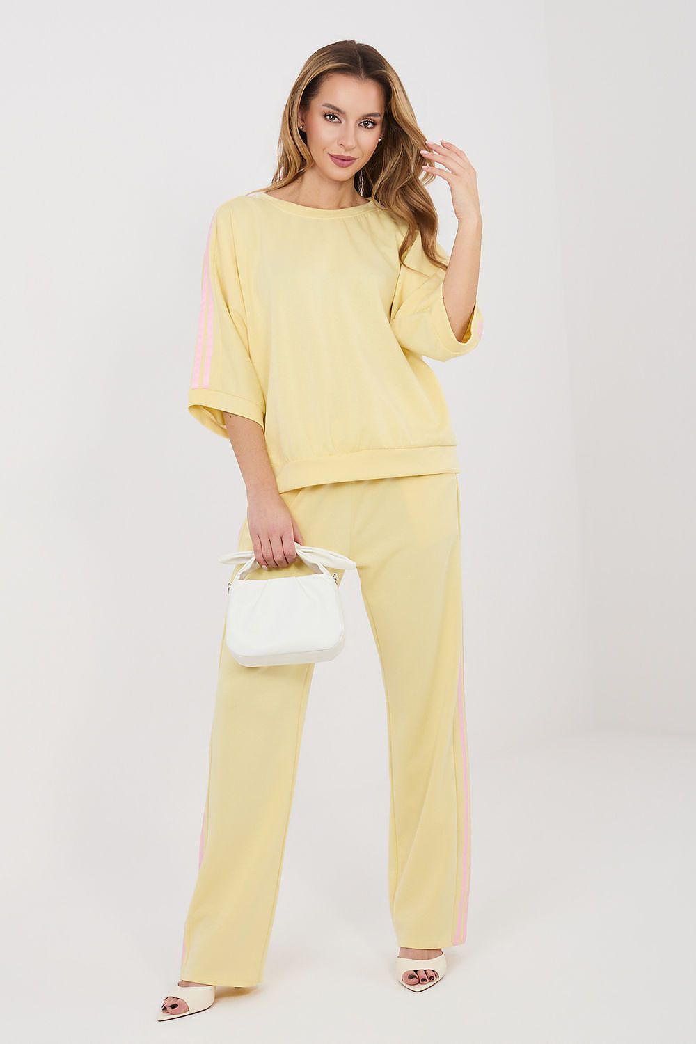 Yellow matching blouse and wide-leg pants set, loose top with cuffed sleeves