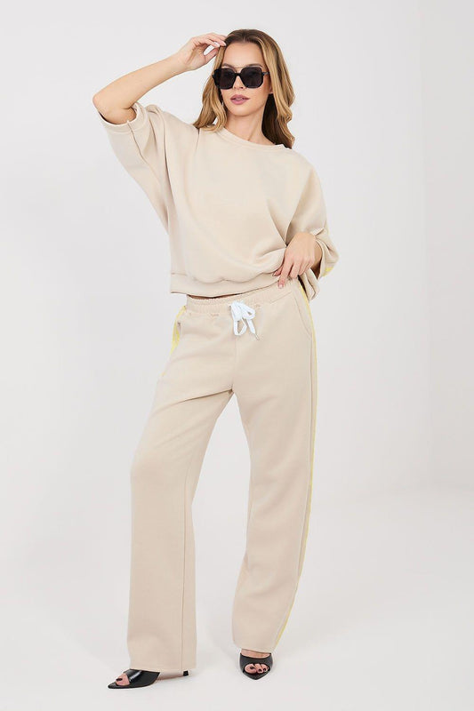 Beige sweatshirt and matching jogger pants set, relaxed fit with drawstring waist