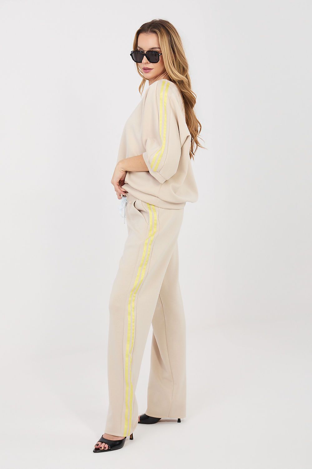 Beige set with hooded sweatshirt and straight track pants with yellow side stripe