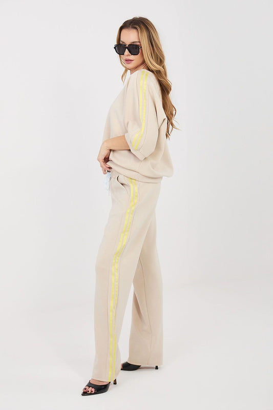Beige sweatshirt and jogger pants set with side stripes and drawstring waist