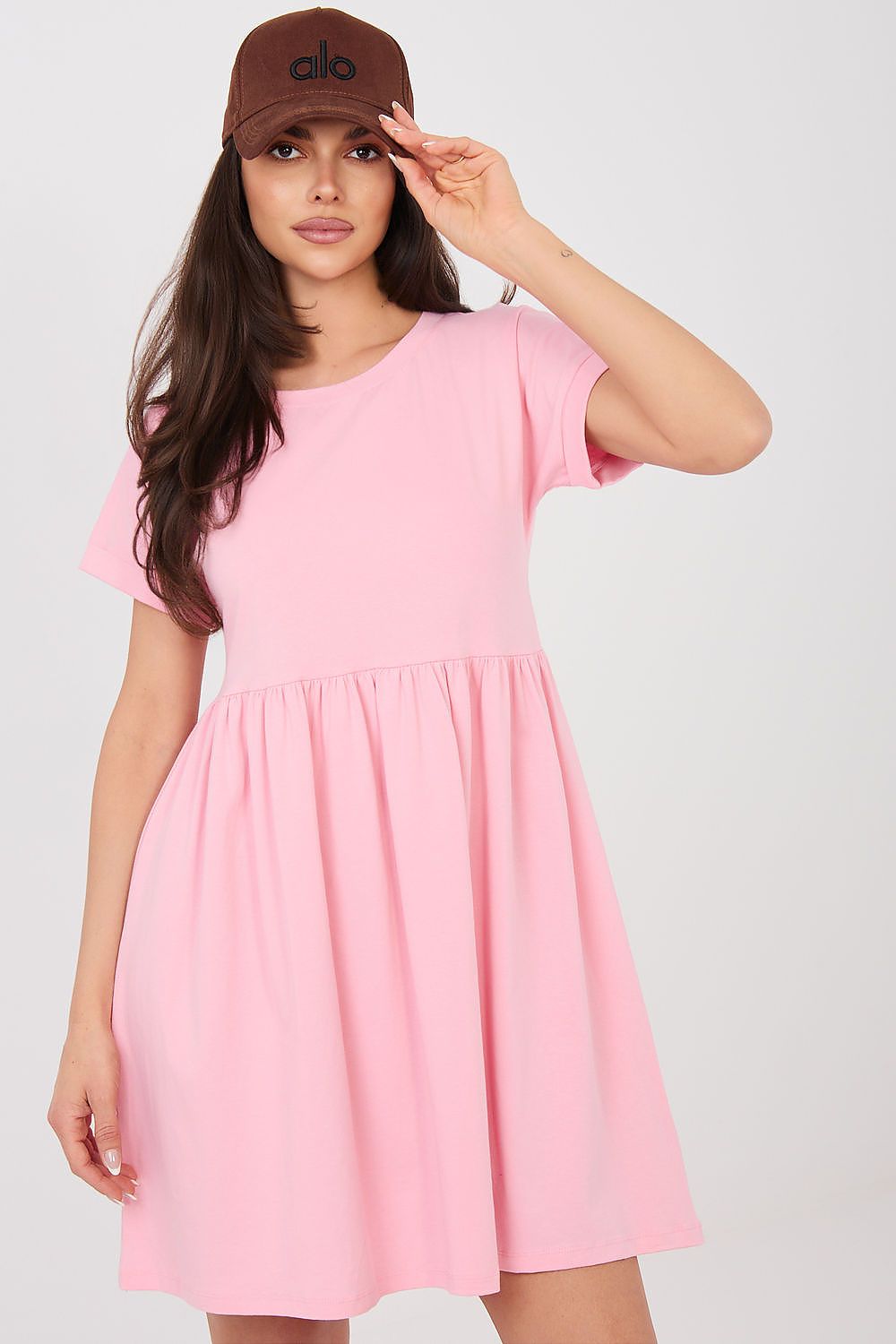 Pink short-sleeve babydoll day dress with gathered waist and flared skirt