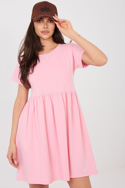 Pink short-sleeve babydoll day dress with gathered waist and flared skirt