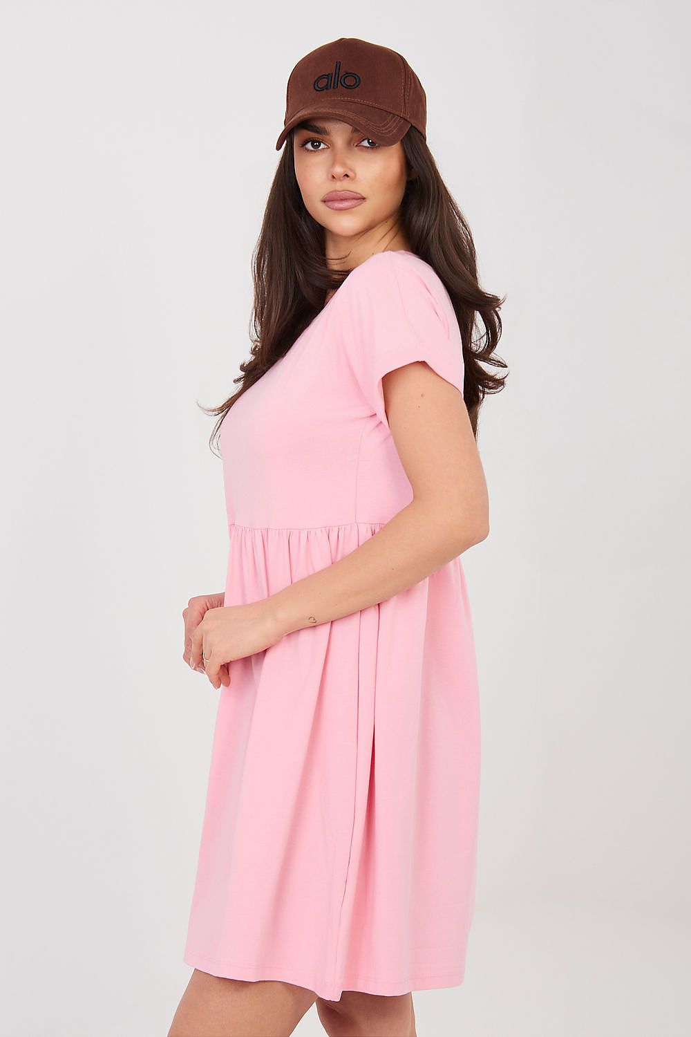 Pink short-sleeve day dress with gathered waist and pleated, flared skirt