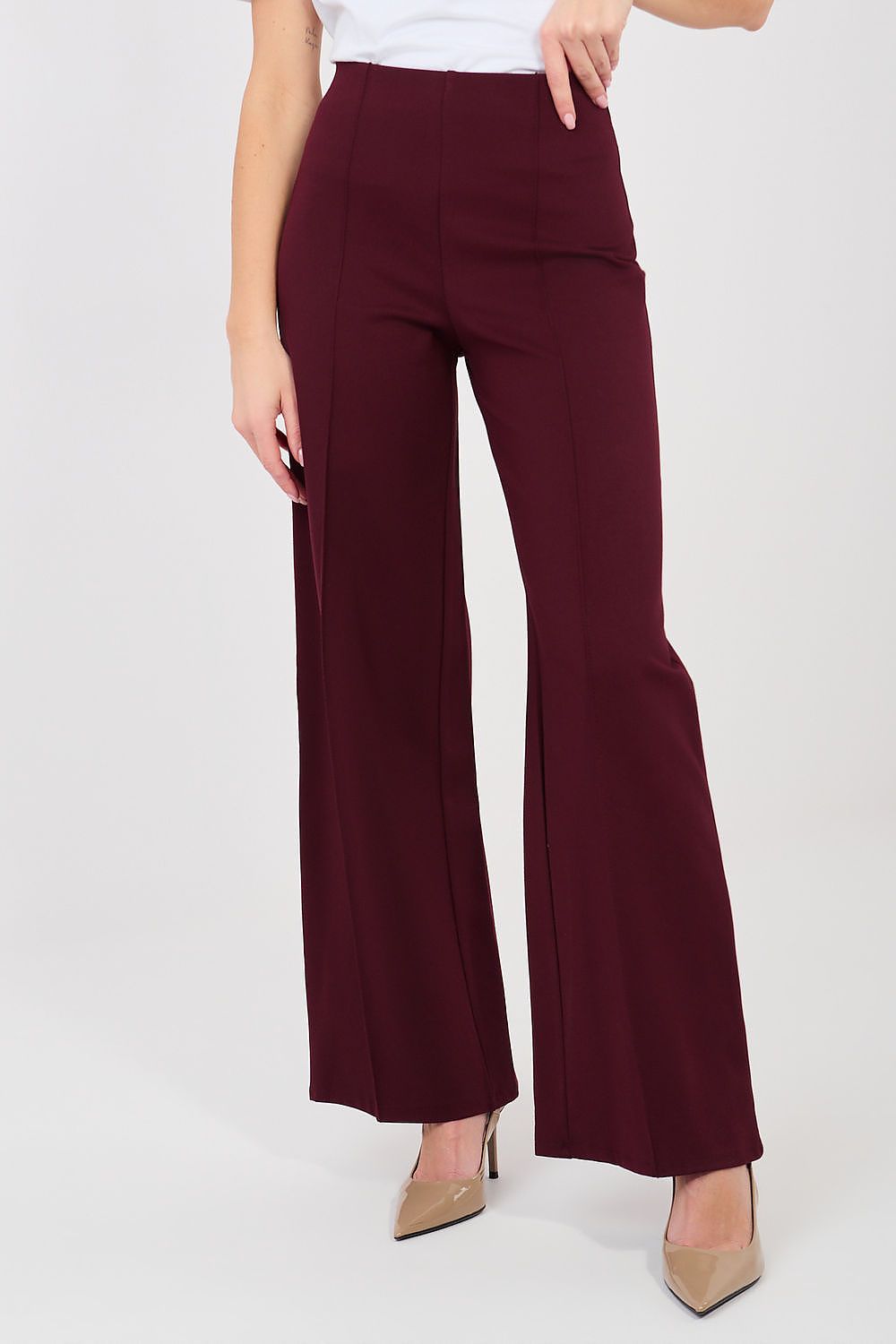 Women's violet wide-leg trousers with relaxed straight fit and front crease