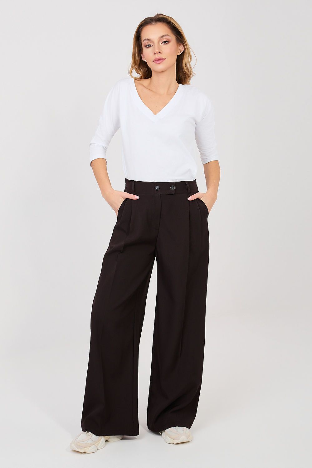 Women’s dark brown wide-leg trousers, high waist, button-front closure