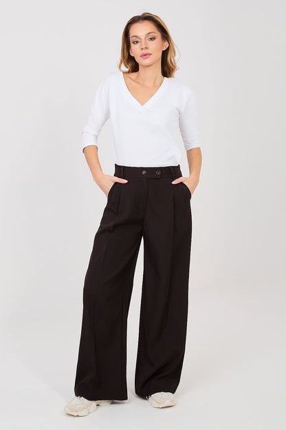 Women’s dark brown wide-leg trousers, high waist, button-front closure