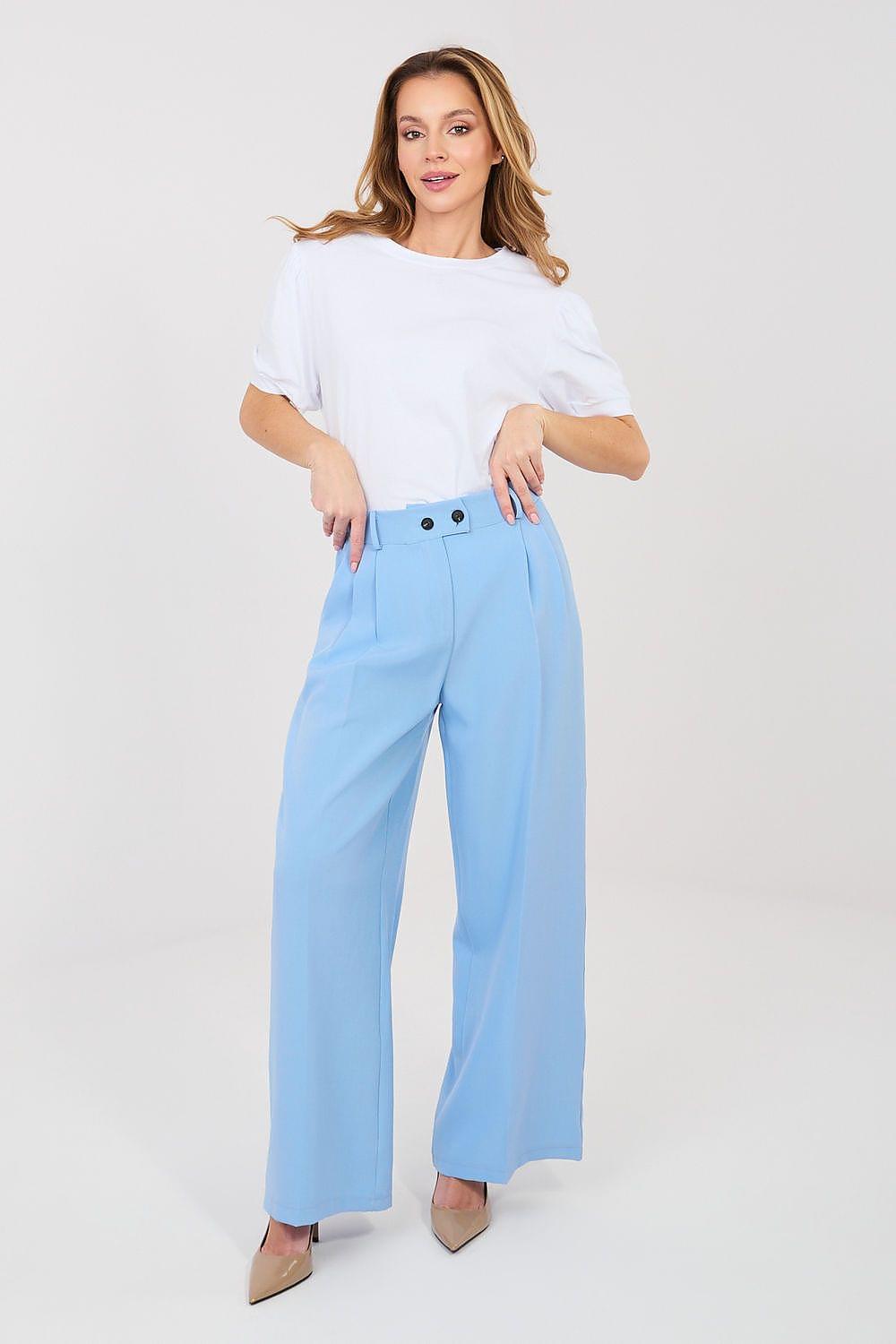 Women’s blue wide-leg trousers with button front and belt loops