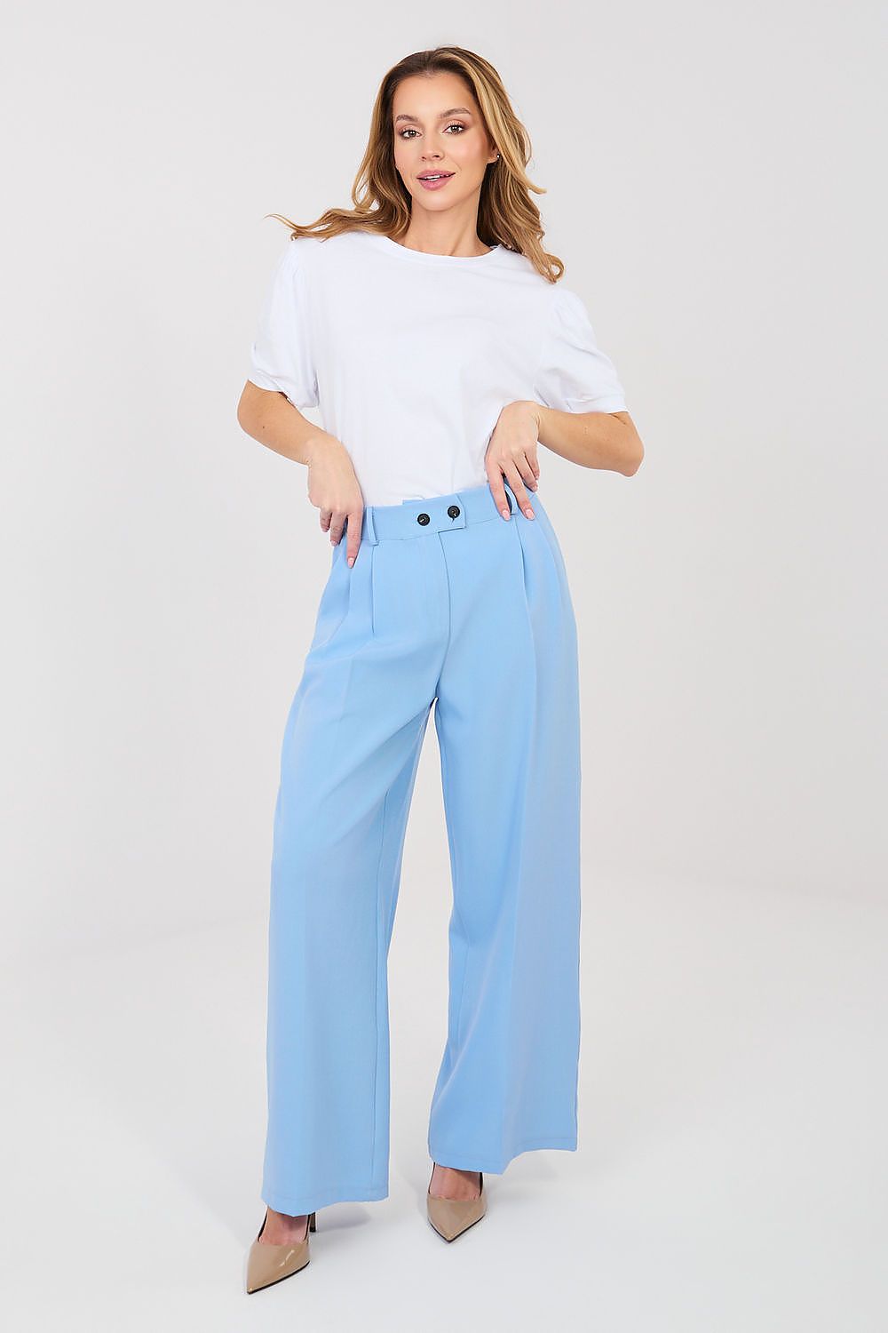 Women's Rue Paris light blue wide-leg trousers with buttoned waistband
