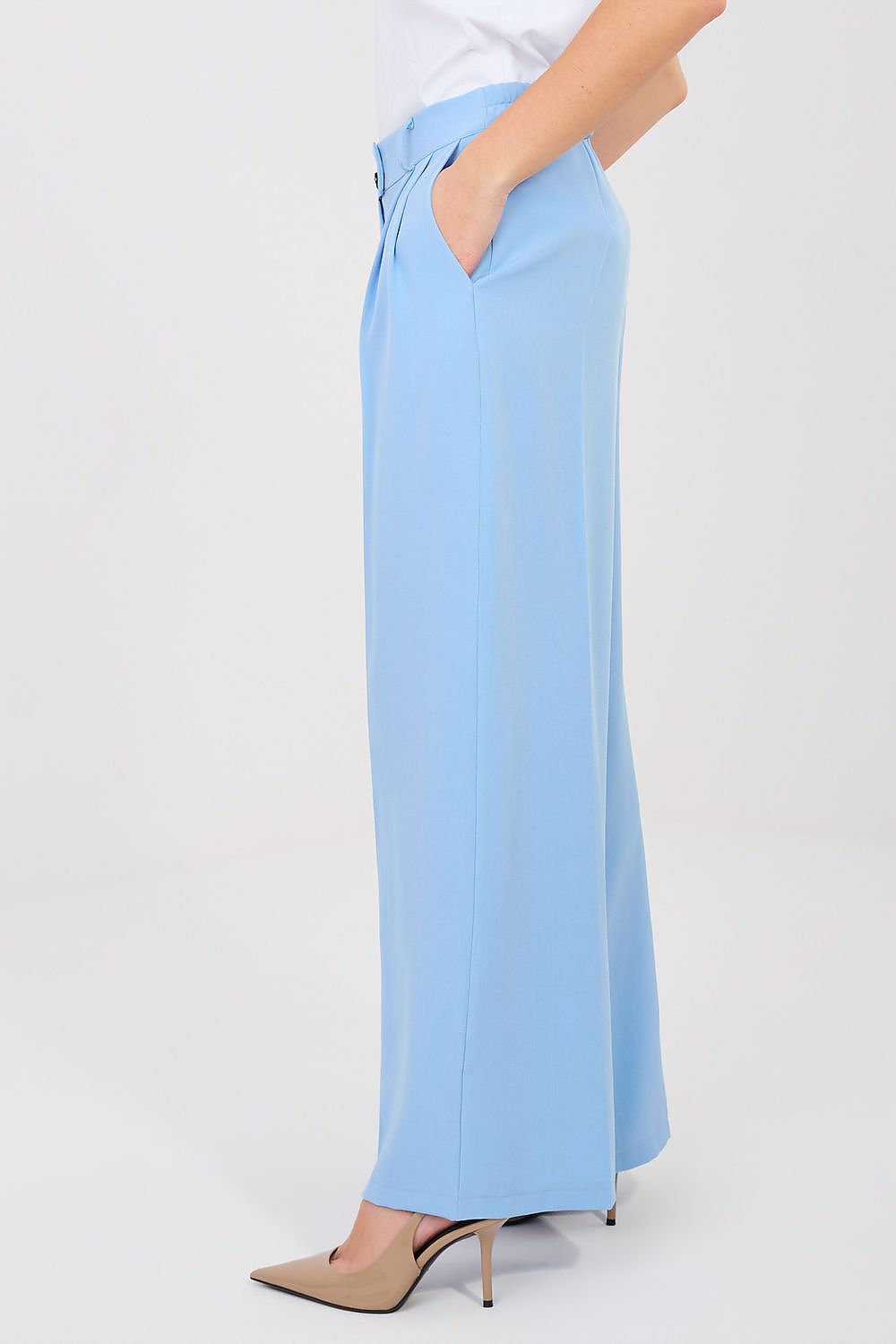 Women's light blue wide-leg trousers with side waistband button detail
