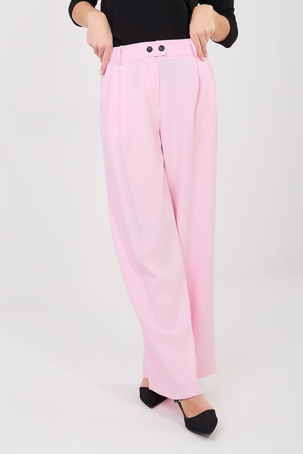 Pink high-waist wide-leg trousers with buttoned waistband