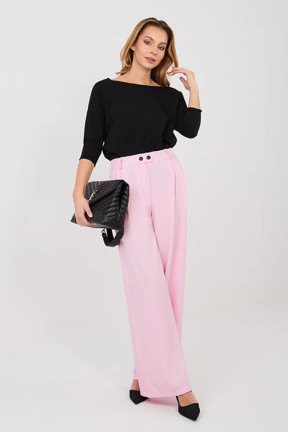Pink high-waist wide-leg trousers with buttoned waistband and pleats