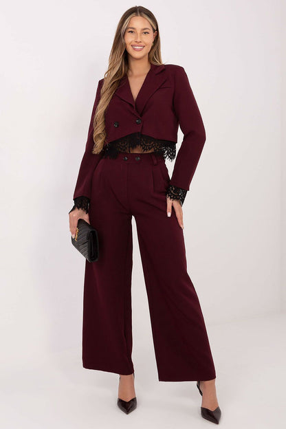 Burgundy wide-leg women's trousers with high waist and lace-trim cuffs