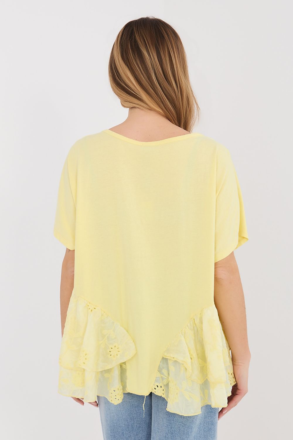 Yellow short-sleeve blouse, back view, layered lace ruffle hem