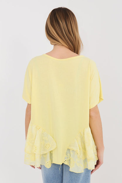 Yellow short-sleeve blouse, back view, layered lace ruffle hem