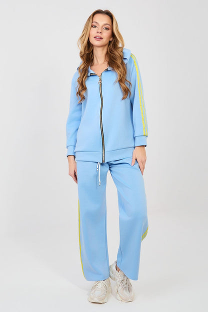 Blue zip-front hoodie set with drawstring waist wide-leg pants, yellow side stripes