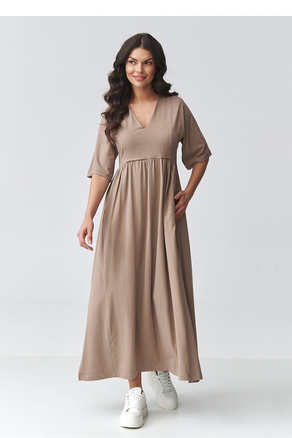 Taupe daydress with V-neck, half sleeves, and gathered waist skirt