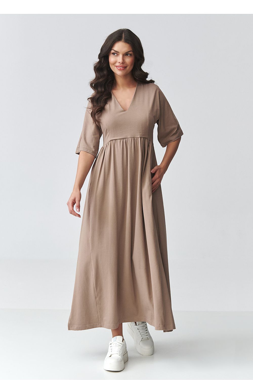 Taupe day dress with V-neck, short sleeves, and gathered waist