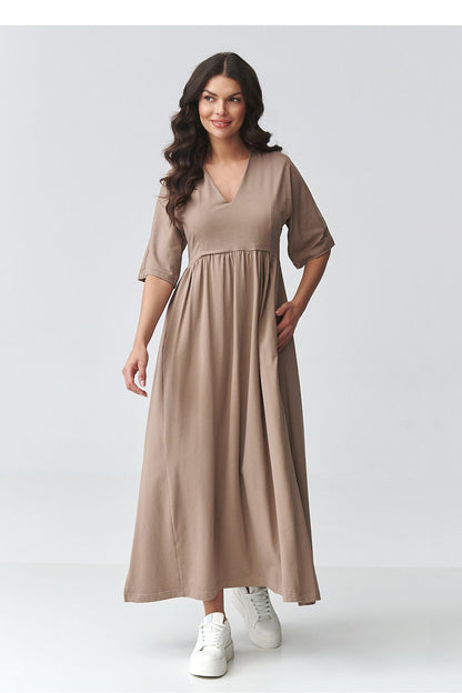 Taupe day dress with V-neck, short sleeves, and gathered waist