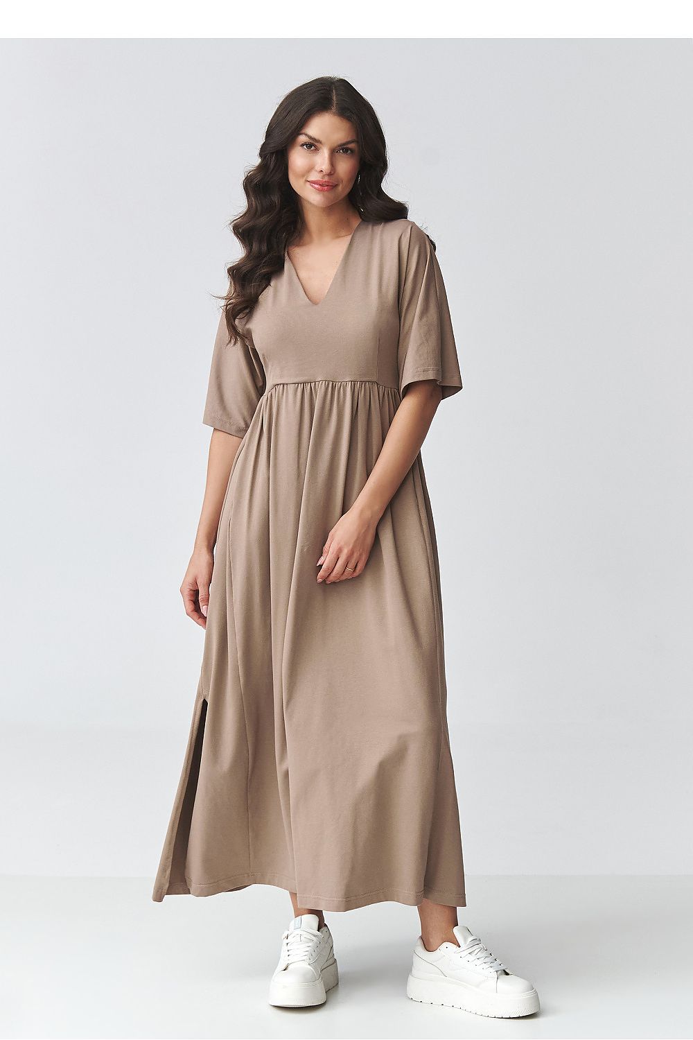 Taupe day dress with V-neck, short sleeves, and flowing gathered skirt