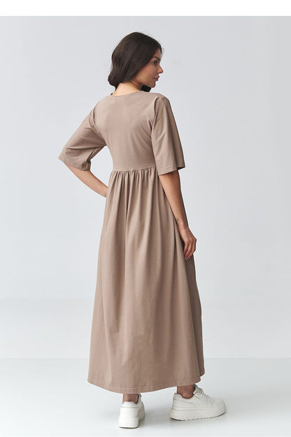Side-view taupe day dress with V-neck and gathered waist