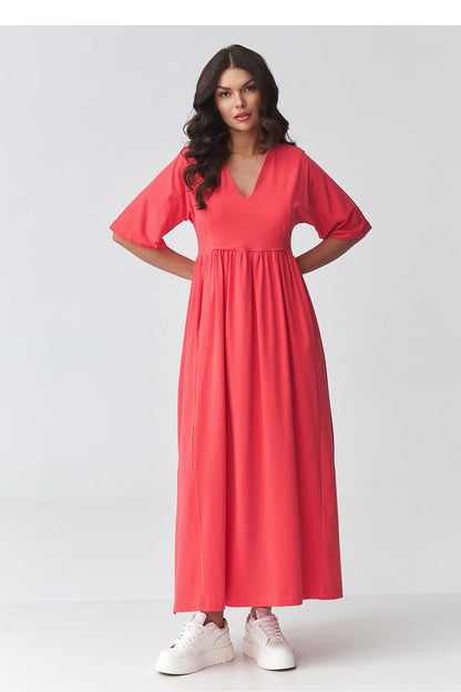 Coral day dress with V-neck, short sleeves, and gathered waist