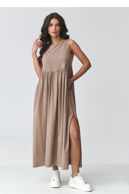 Taupe sleeveless daydress with gathered waist and long skirt with side slit