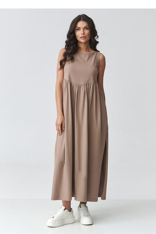 Taupe sleeveless midi daydress with gathered waist and side vent