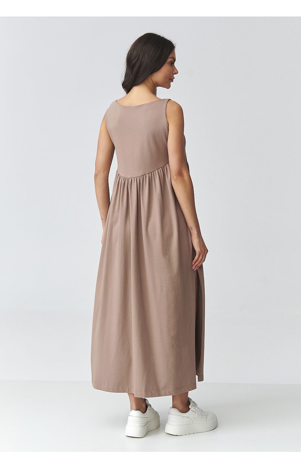 Taupe sleeveless daydress, back view, gathered waist and long skirt