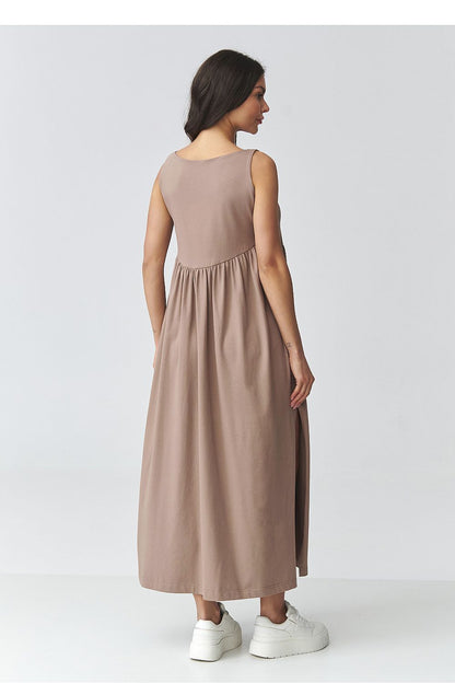 Taupe sleeveless daydress, back view, gathered waist and long skirt