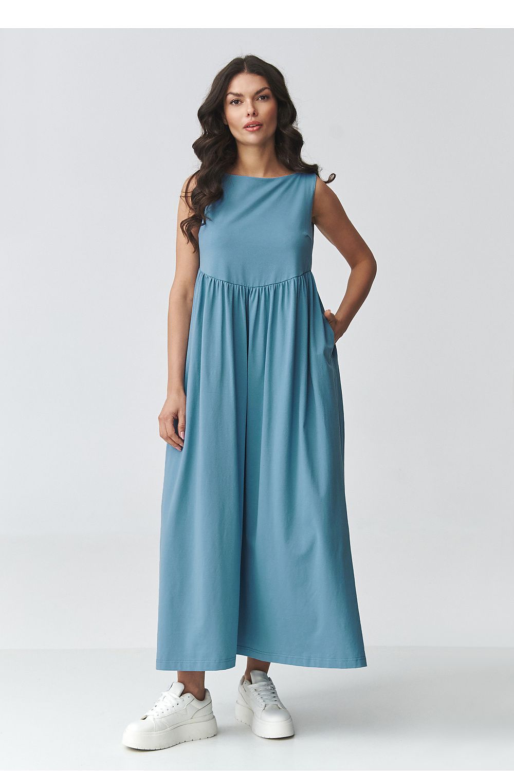 Blue sleeveless daydress with gathered waist and long skirt