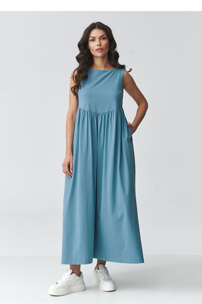Blue sleeveless daydress with gathered waist and long skirt