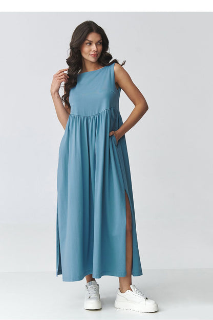 Blue sleeveless daydress with gathered waist and side slit hem, maxi length